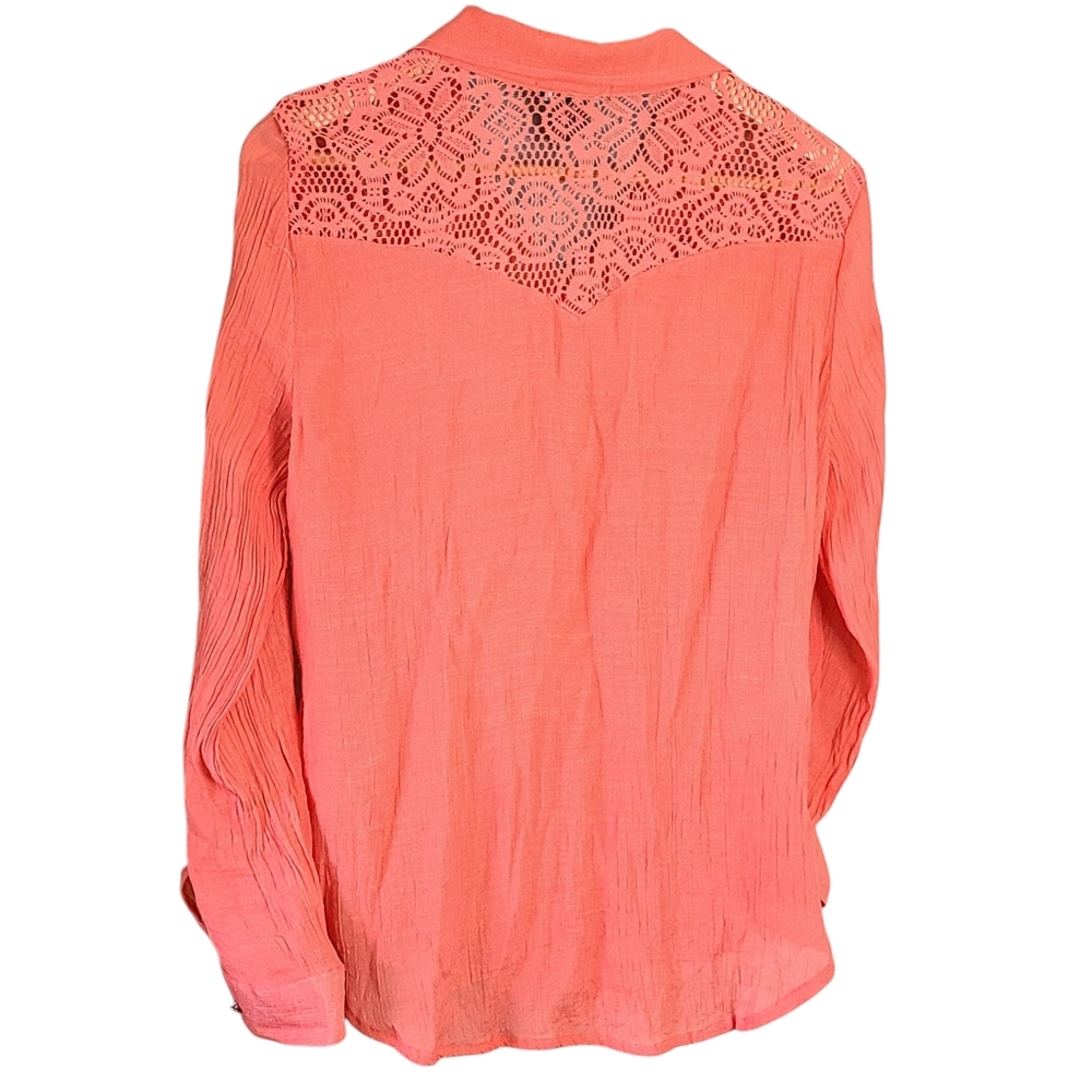 About A Girl Coral Button-Down Shirt with Lace Accents - Picture 3 of 4